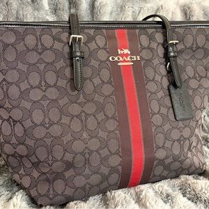 Coach Signature Tote with Red Stripe